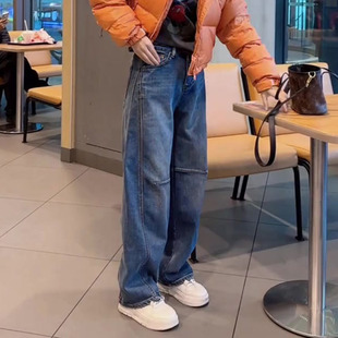 女 梨形身材高腰宽松直筒加厚绒弯刀阔腿牛仔裤 美式 复古2025冬新款