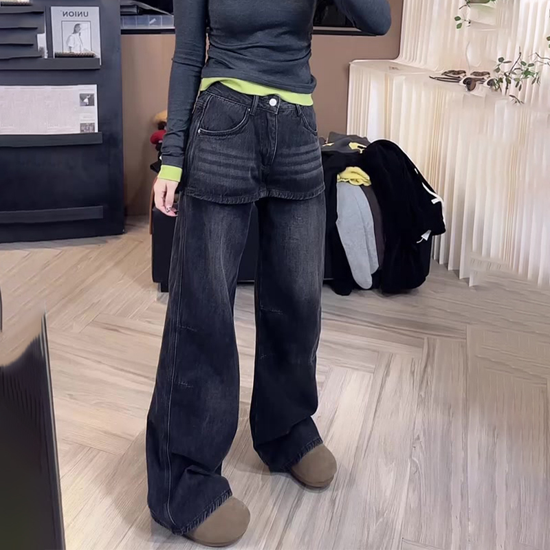 秋冬新款今年流行爆款高腰宽松直筒阔腿假两件屁帘加绒牛仔裤子女
