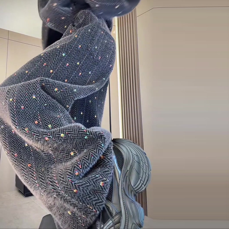 欧货慵懒风2026春新款高腰宽松彩色细闪编织直筒小香风阔腿长裤女