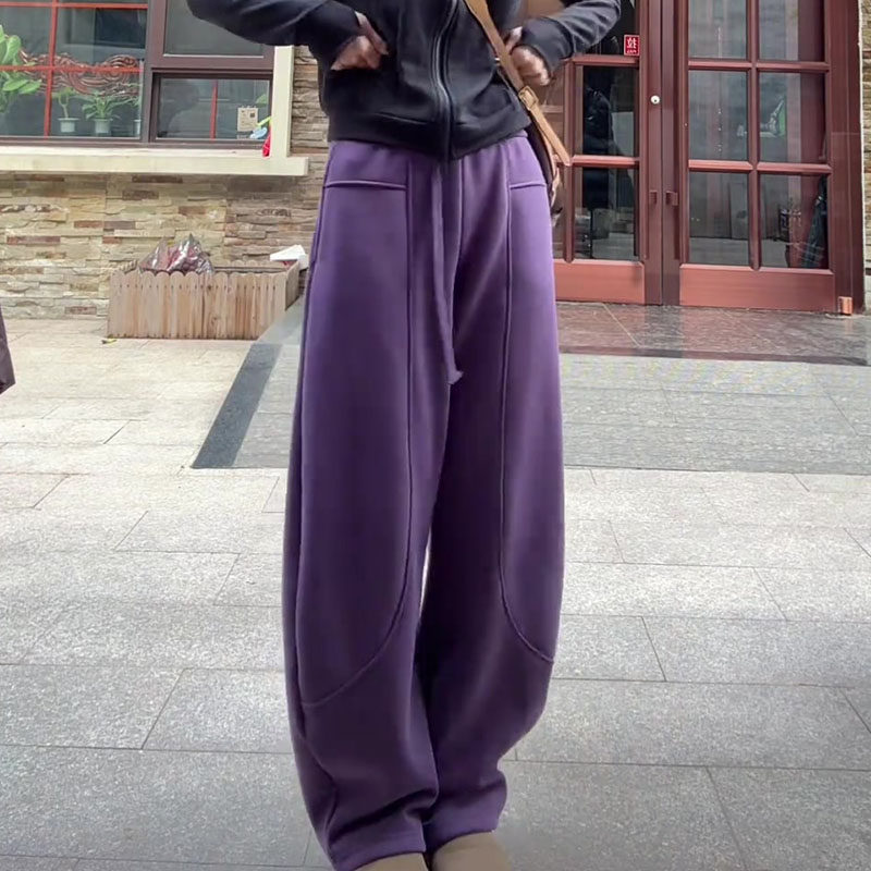 加绒加厚2024冬季新款今年流行爆款高腰显瘦宽松紫色弯刀卫裤子女