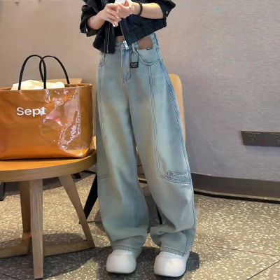 加绒加厚2025冬新款今年流行爆款高腰宽松直筒洗水弯刀阔腿牛仔裤