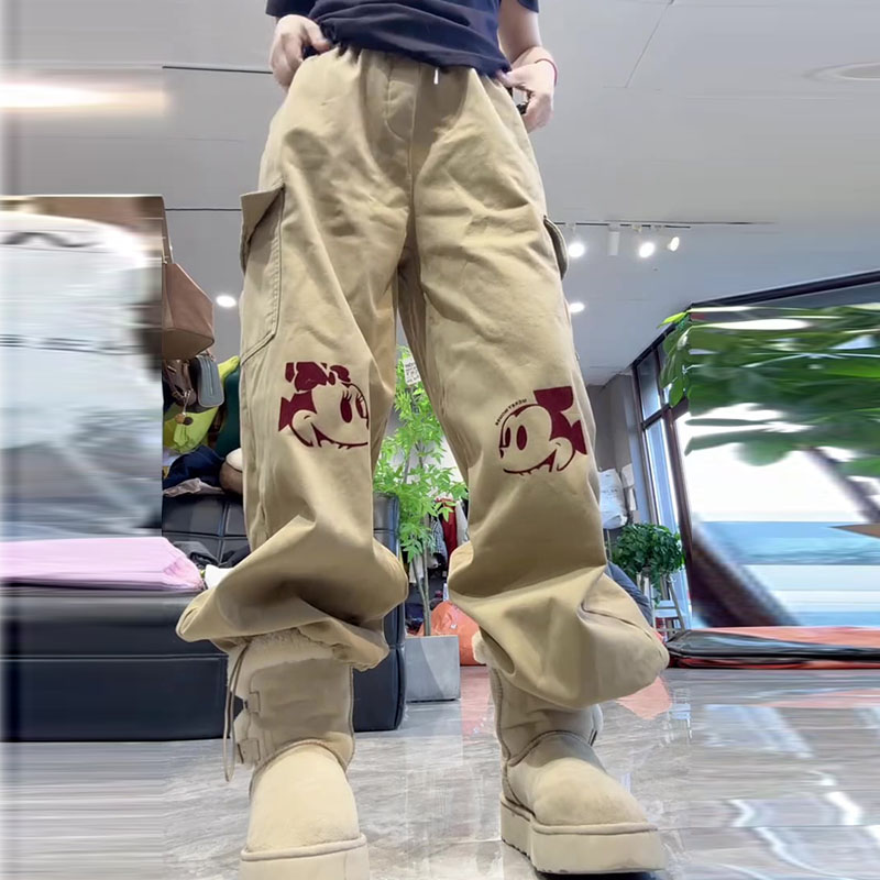 加绒加厚2025冬新款今年流行爆款高腰宽松直筒米奇印工装牛仔裤女