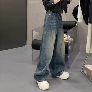 美式复古2026春新款今年流行爆款高腰宽松烫钻洗水弯刀阔腿牛仔裤