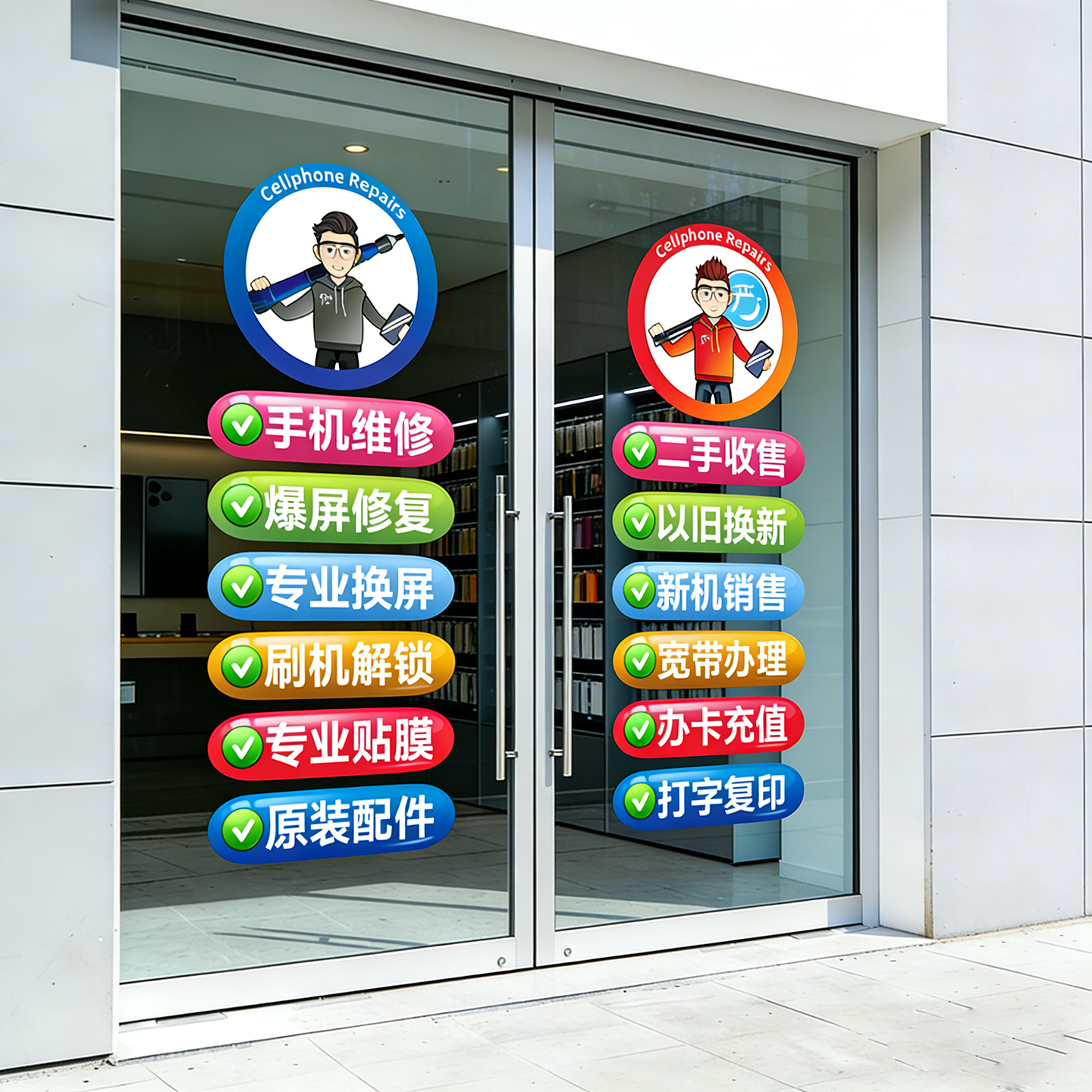 手机店玻璃门贴纸套装橱窗装饰画维修换屏广告宣传贴纸防水难褪色