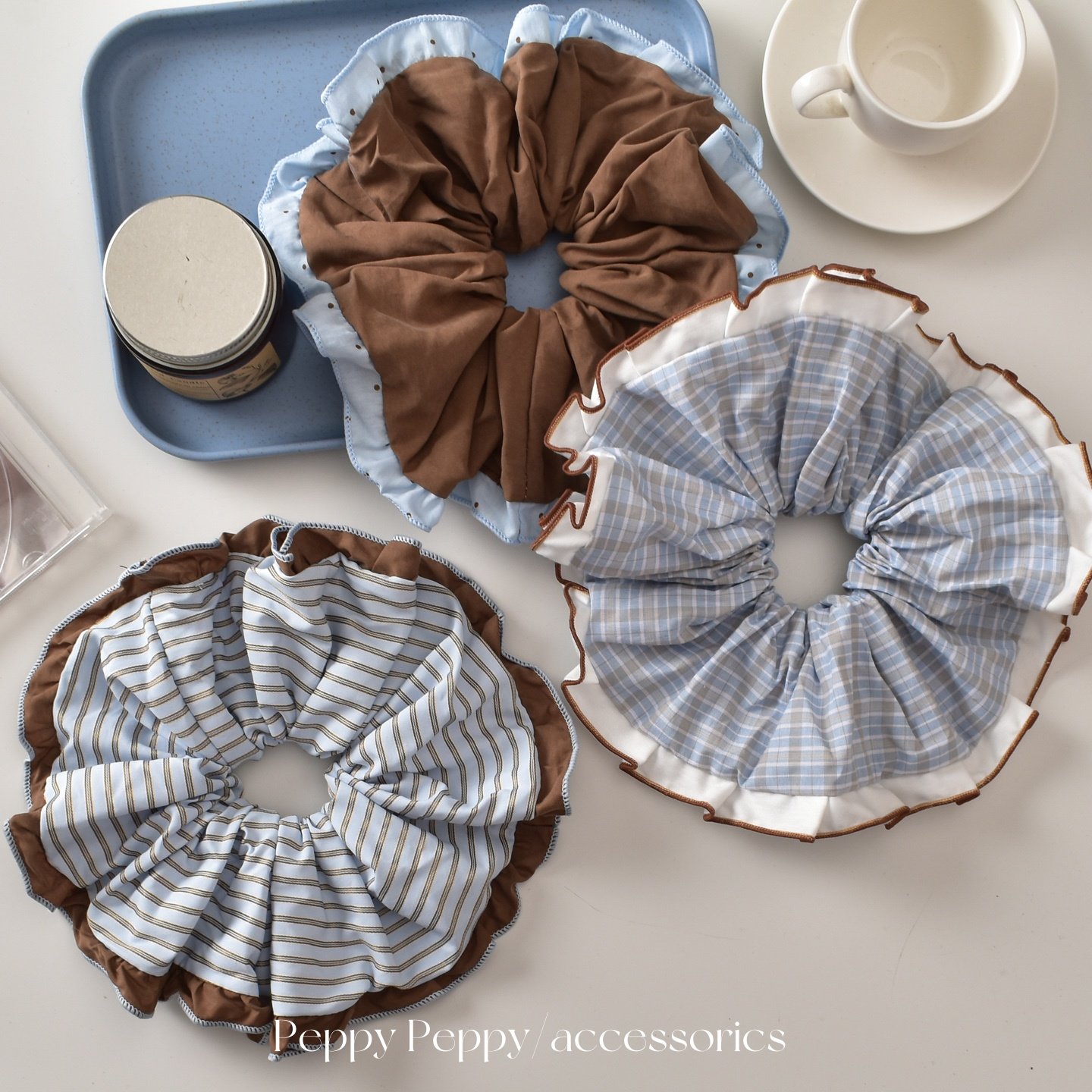 蓝色可露丽格纹花边大肠发圈女气质可爱百搭扎发丸子头发绳发饰,饰品/流行首饰/时尚饰品新,发饰,淘宝优惠券,粉丝福利购,淘宝优惠卷