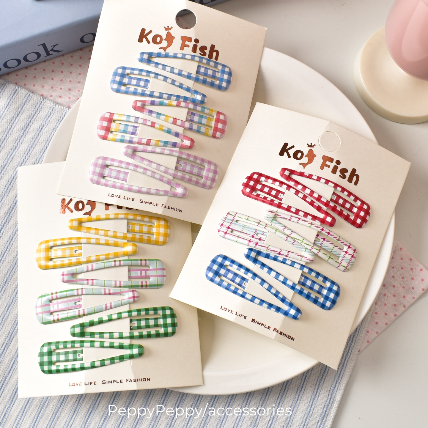 韩系6件装多巴胺格纹少女bb发夹