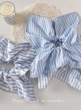 peppypeppy清新韩系蓝色刺绣蝴蝶结方巾氛围感气质方形头绳头饰女