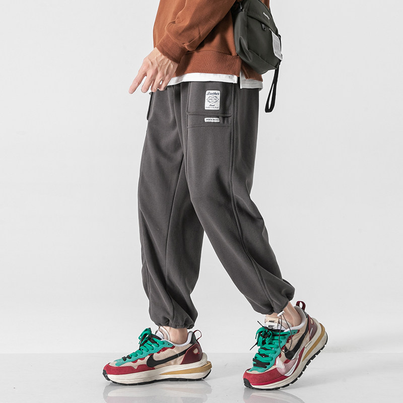 日系工装加厚卫裤男宽松潮流百搭秋冬季运动休闲束脚裤抽绳男裤子