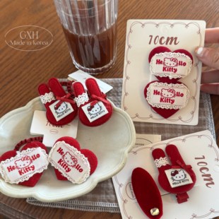 新年红色系HelloKitty印花发圈发夹蕾丝花边可爱边夹组合女童发饰