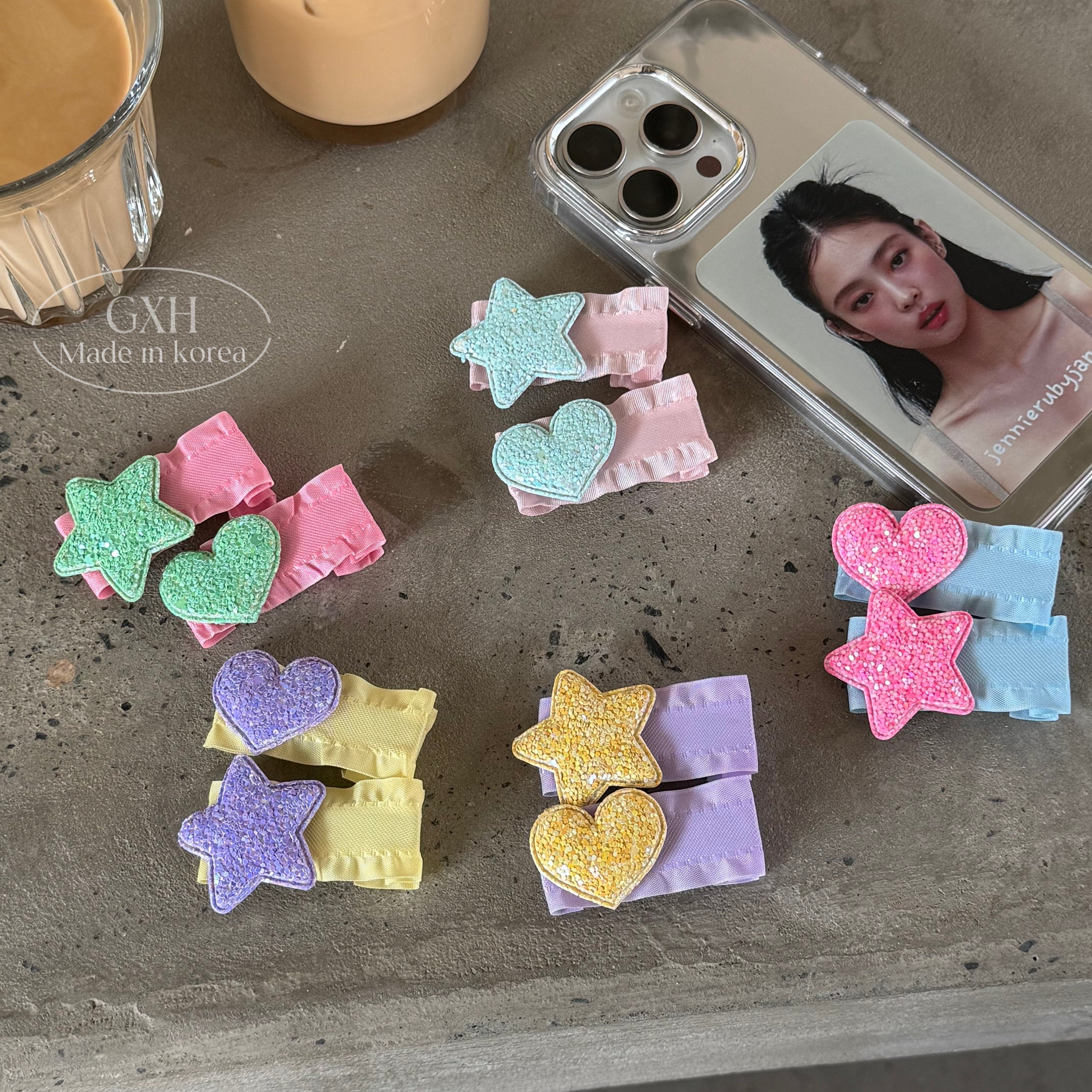 包邮韩国进口可爱刘海夹亮片星星爱心亮闪花边布艺鸭嘴夹女童发饰