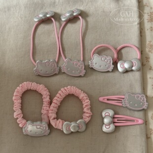 卡通kt女童发饰银色高弹力不伤发小肠圈领结BB夹粉色系宝宝小发圈