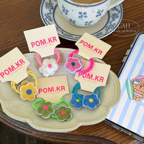 韩系pom.kr刺绣花亮彩色股结发圈