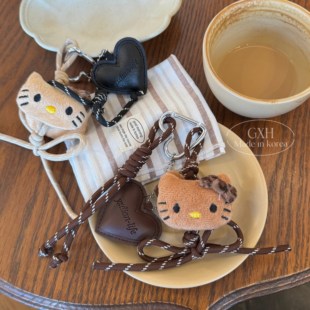 包邮MIU系黑皮豹纹kitty皮革爱心登山绳蝴蝶结包包挂件爱心钥匙扣