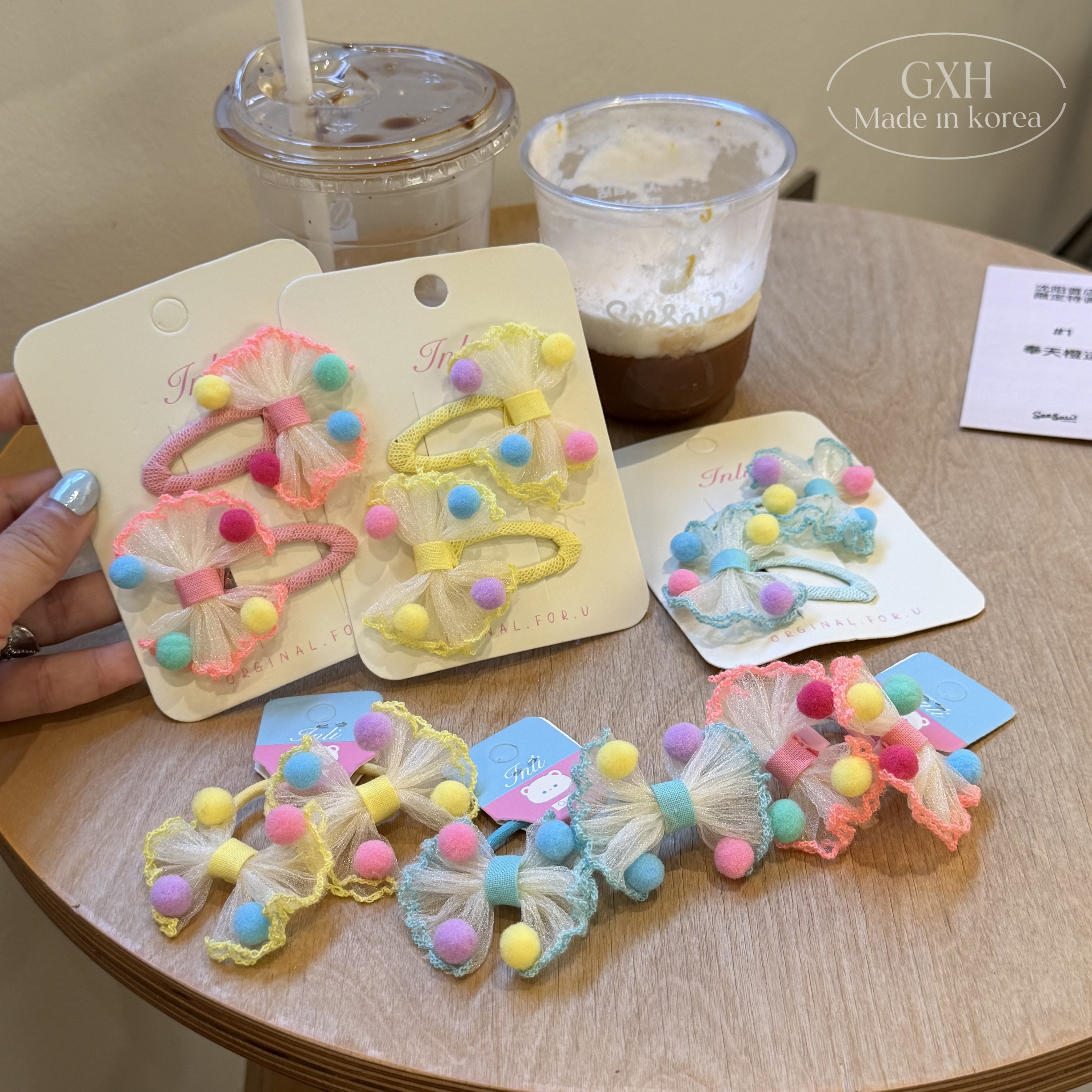 夏日甜美少女彩色网纱撞色球球蝴蝶结发绳儿童可爱百搭BB夹发饰女