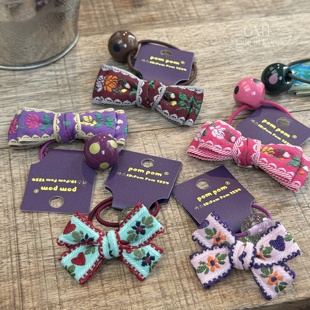 韩国进口pom女童秋刺绣花发绳波点球绕绕绳双层领结花边头绳发饰