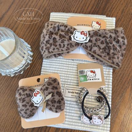 正版HelloKitty毛绒发饰豹纹领结女弹簧夹Kitty边夹凯蒂猫电话线