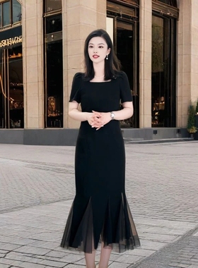 连衣裙2025年夏季黑色气质百搭小黑裙网纱拼接时尚遮肉显瘦长裙
