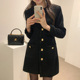 洋气小香时尚 风磨毛金属单排扣秋冬新款 优雅女王范圆领黑色连衣裙