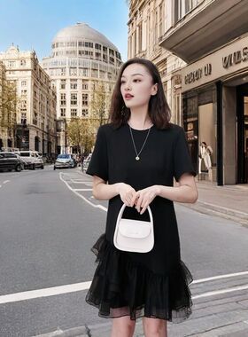 新品时尚百搭气质休闲圆领中长款网纱拼接女黑色宽松连衣裙