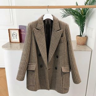 新款2025秋冬韩版羊毛西装潮牌显瘦百搭千鸟格高级感春秋外套加厚