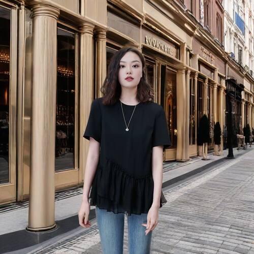 洋气百搭2026女款黑色T恤新款夏季蕾丝宽松短袖显瘦上衣短款