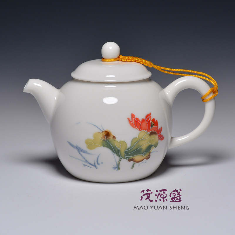 浮雕彩绘台湾三希荷花茶壶陶瓷图片