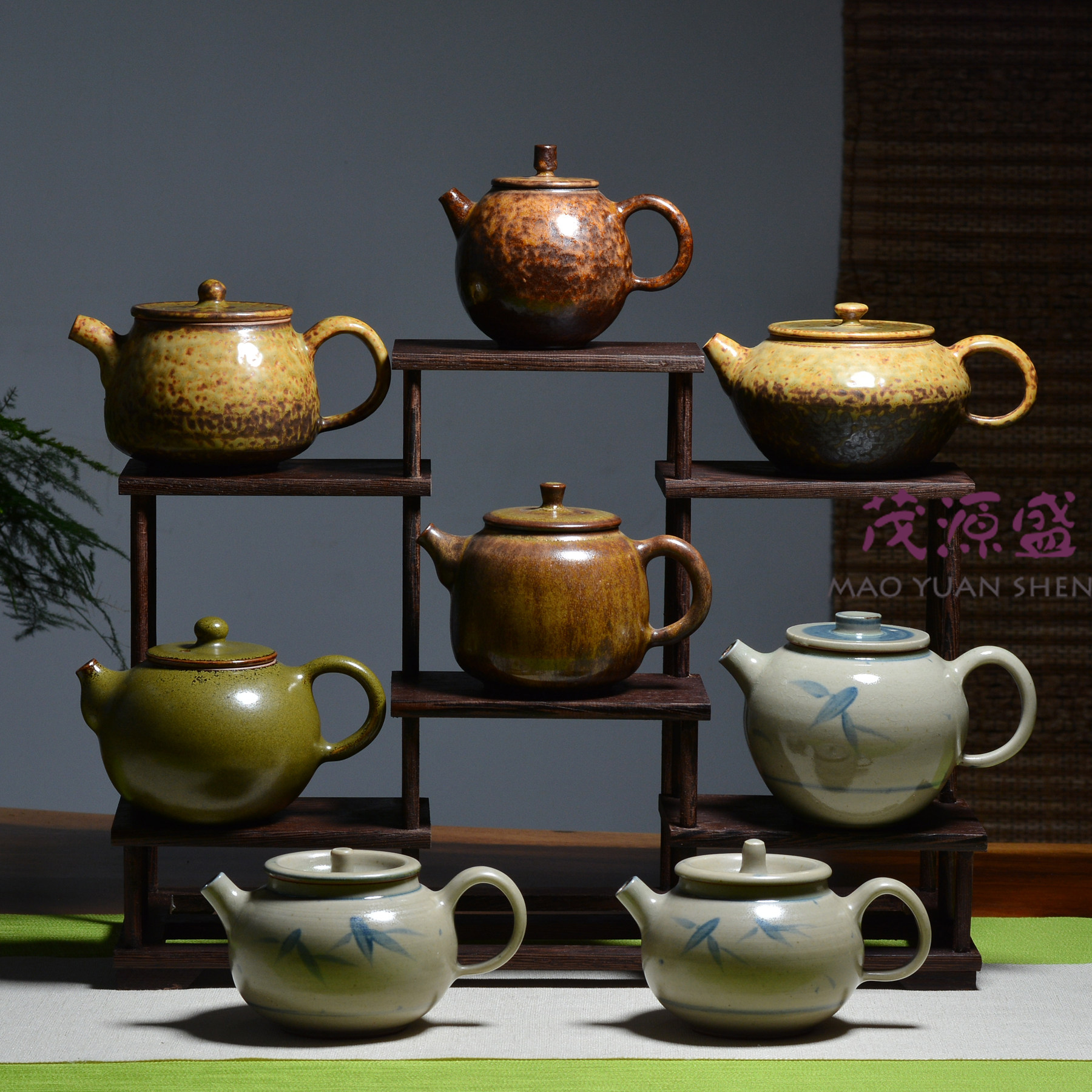 茂源盛台湾张书曜纯手工中式复古风青花陶瓷灰釉手绘竹正把茶壶