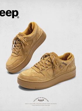 jeep运动鞋女款2025新款春季厚底增高女鞋百搭黄色皮面休闲板鞋