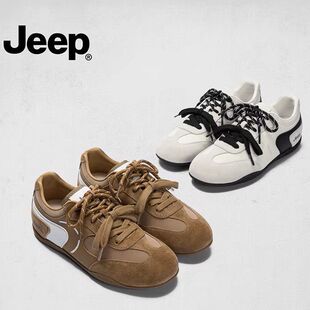 jeep春季鞋子女2026新款棕色平底休闲鞋轻便软底运动鞋复古德训鞋