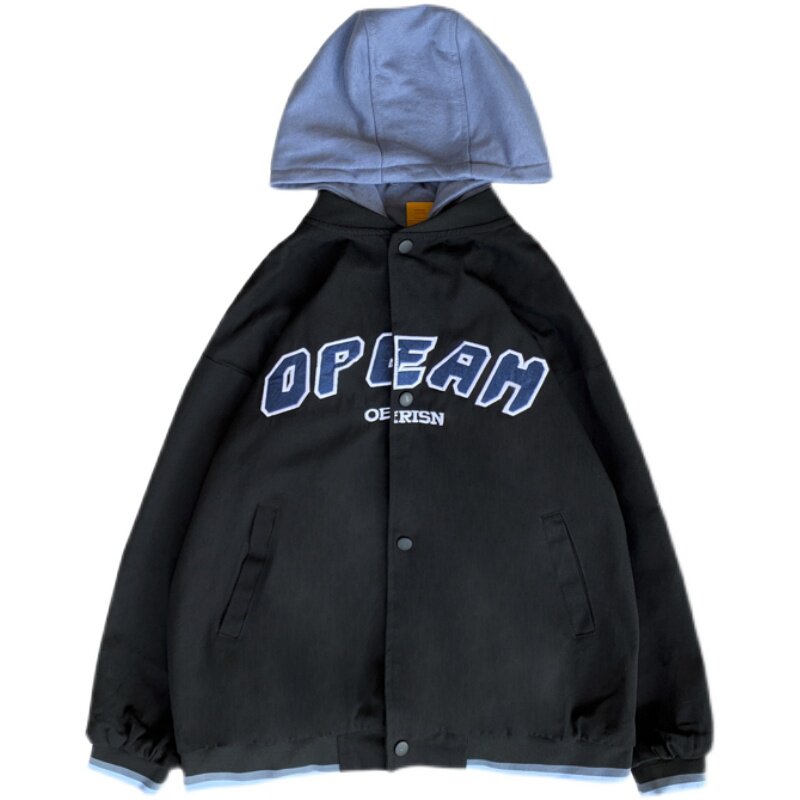 秋季日系潮流港风假两件棒球服外套情侣连帽工装夹克男JK020-P65,男装夹克,星座308B-1