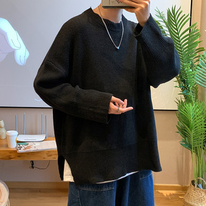 港风纯色开叉毛衣男休闲圆领情侣宽松慵懒风针织衫MY09911-P38图片