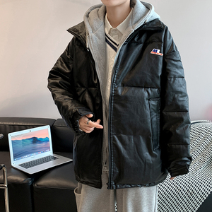 假两件棉衣男冬季宽松PU皮百搭连帽棉服港风棉袄外套MY035-P95图片