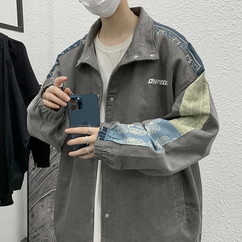 灯芯绒刺绣腰果花拼接立领外套韩版宽松bf风棒球服学生JK0108-P60图片