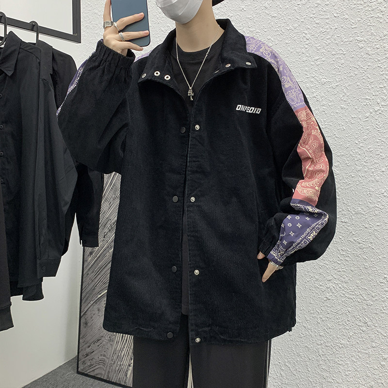 灯芯绒刺绣腰果花拼接立领外套韩版宽松bf风棒球服学生JK0108-P60,男装夹克,星座308B-1