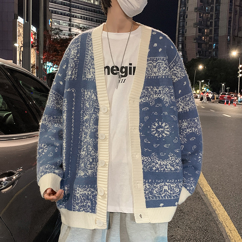 秋季2023新款开衫毛衣男腰果花宽松韩版慵懒风针织衫外套M004-P45图片