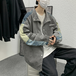 灯芯绒刺绣腰果花拼接立领外套韩版宽松bf风棒球服学生JK0108-P60图片
