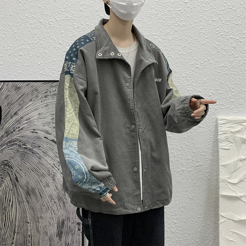 灯芯绒刺绣腰果花拼接立领外套韩版宽松bf风棒球服学生JK0108-P60,男装夹克,星座308B-1