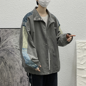 灯芯绒刺绣腰果花拼接立领外套韩版宽松bf风棒球服学生JK0108-P60图片