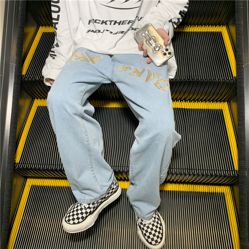 美式街头牛仔裤男春秋宽松直筒长裤hiphop潮牌高街裤子N01824-P45,男装牛仔裤,星座308B-1