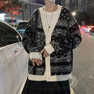 秋季2023新款开衫毛衣男腰果花宽松韩版慵懒风针织衫外套M004-P45图片