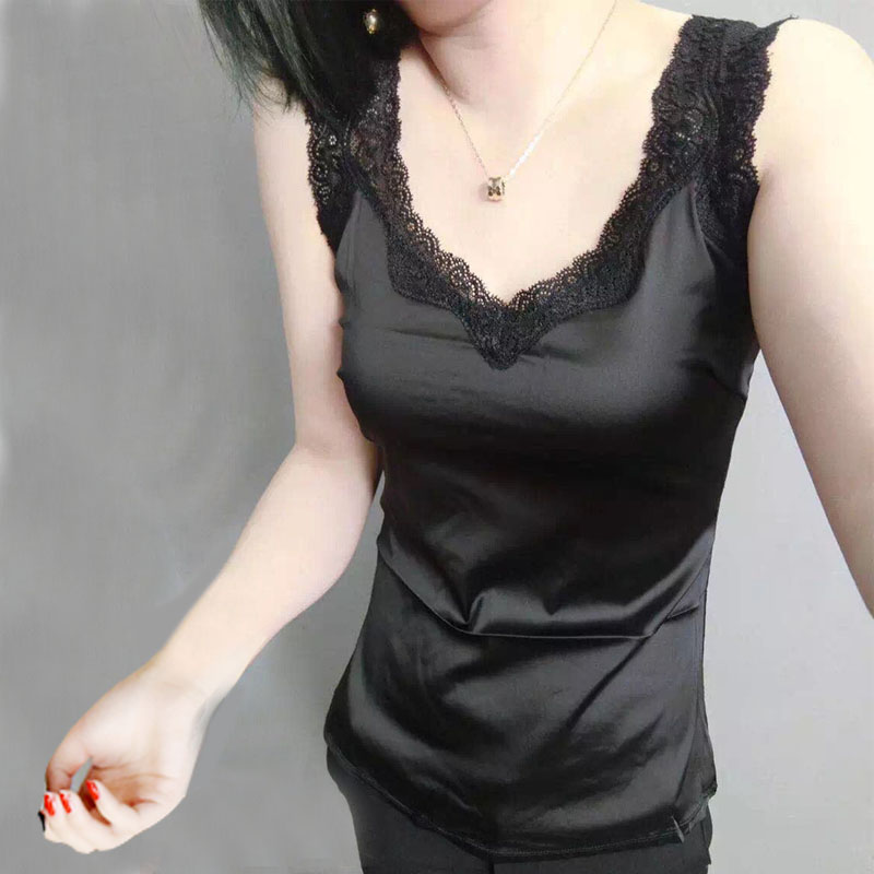 真丝内搭黑色蕾丝打底衫性感夏上衣背心吊带露背条纹背心女吊带