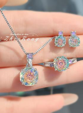 八角千禧玫瑰切炫彩项链吊坠镶嵌