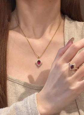 高级感颈间火焰情书红宝吊坠项链