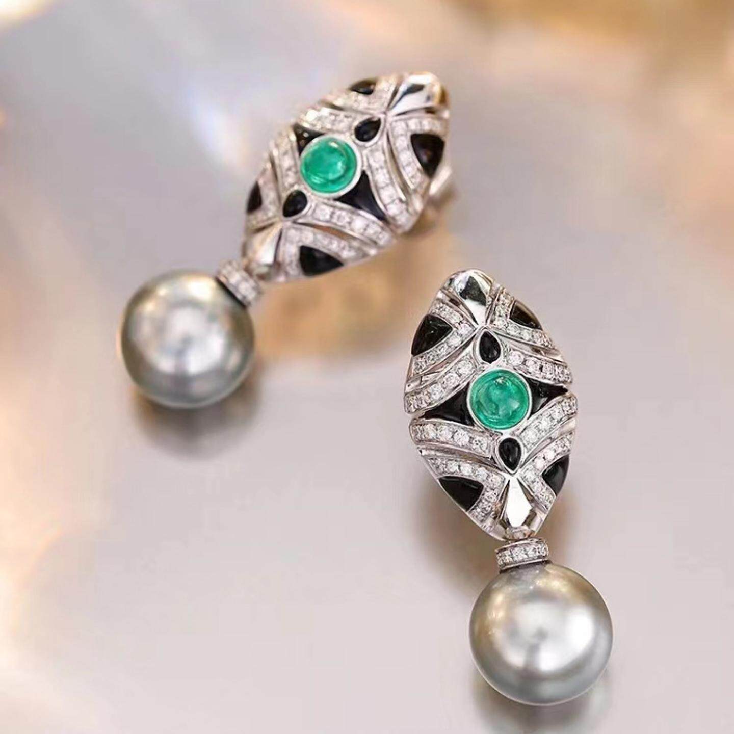 高级Artdeco仿大溪地灰珍珠黑色滴胶耳钉古典宫廷风祖母绿耳环女