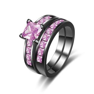 宁语外贸热销爆款首饰 欧美时尚双层套戒 粉锆石镀黑金戒指饰品