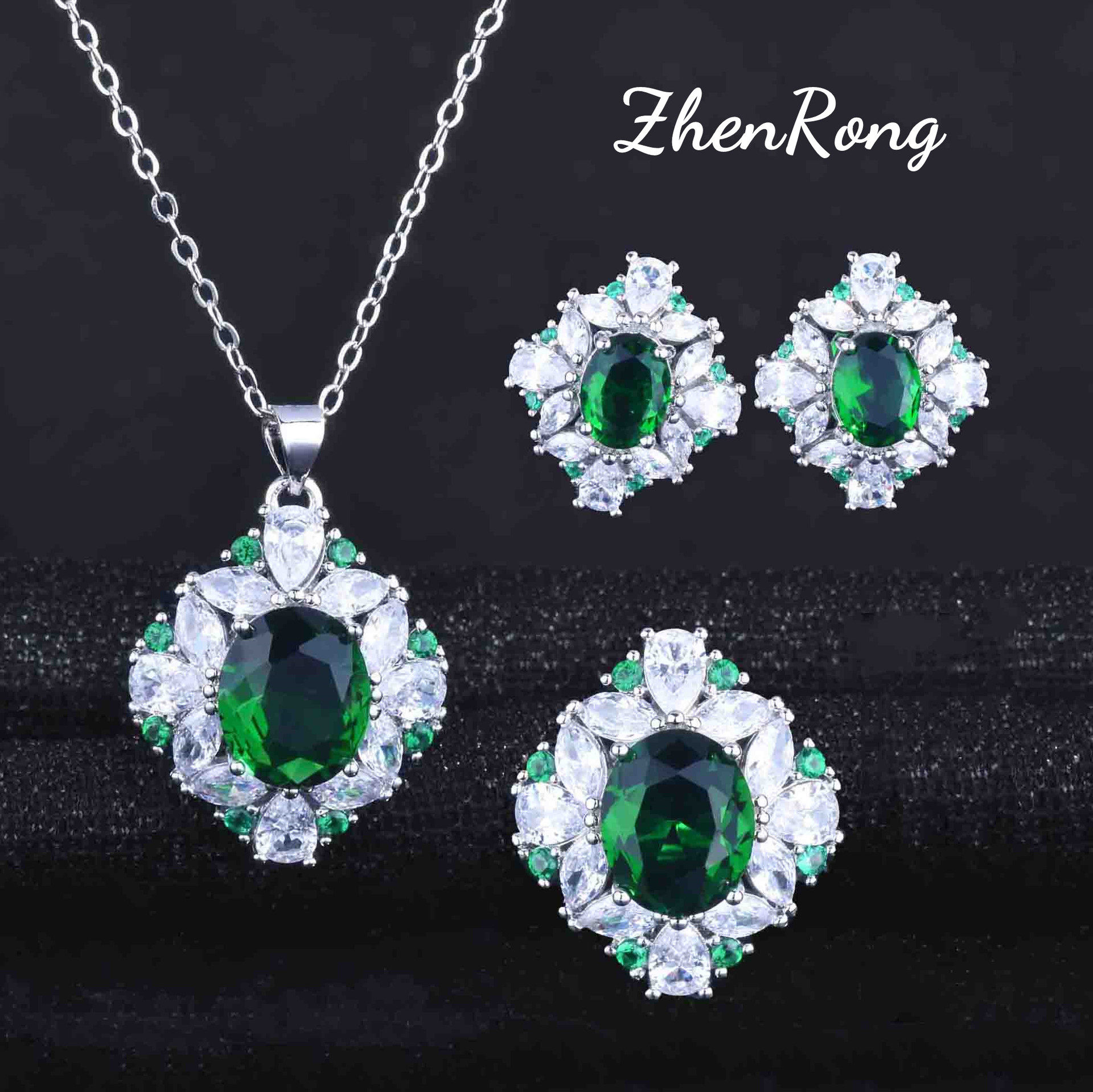 新款 跨境仿祖母绿色彩宝复古奢华满钻锆石吊坠蛋面耳钉开口戒指