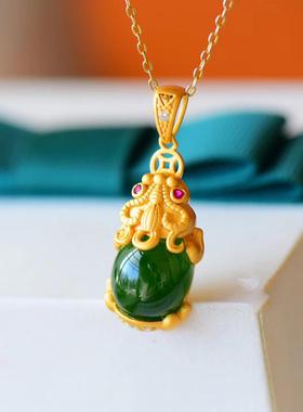 新款越南沙金镶嵌和田碧玉菠菜绿