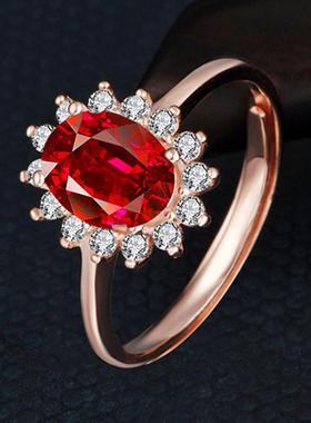 韩版银指环订婚戒指复古红宝石