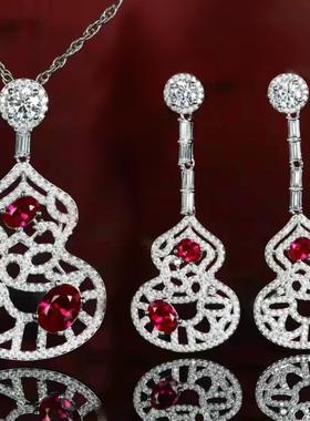轻奢红宝石项链彩宝耳环镂空花纹