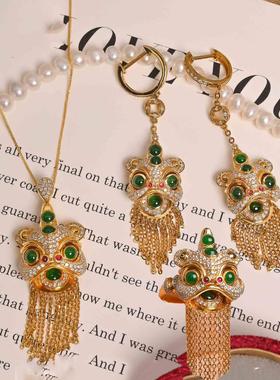 复古中国风仿碧玉醒狮项链新款